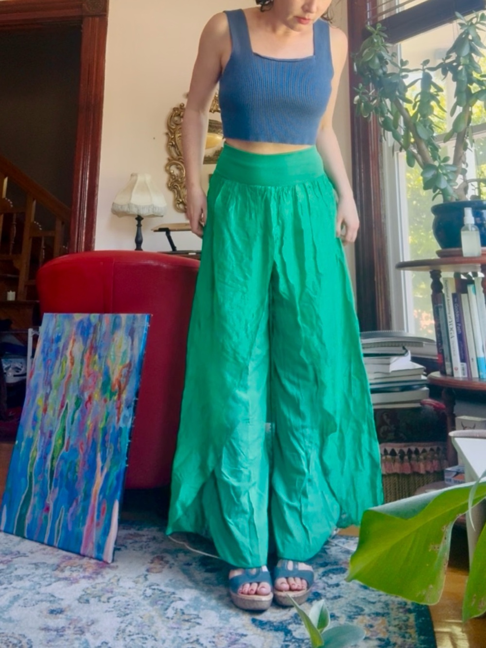 SOLD 100% Silk Bright Green Wide-Leg Palazzo Pants
